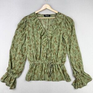 Blue B Floral Blouse Womens M Green Floral Ruffle Semi Sheer
